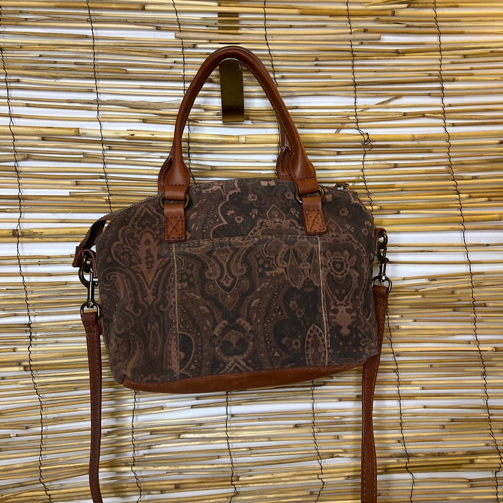 Brown Paisley leather Satchel Bag with Leather Trim